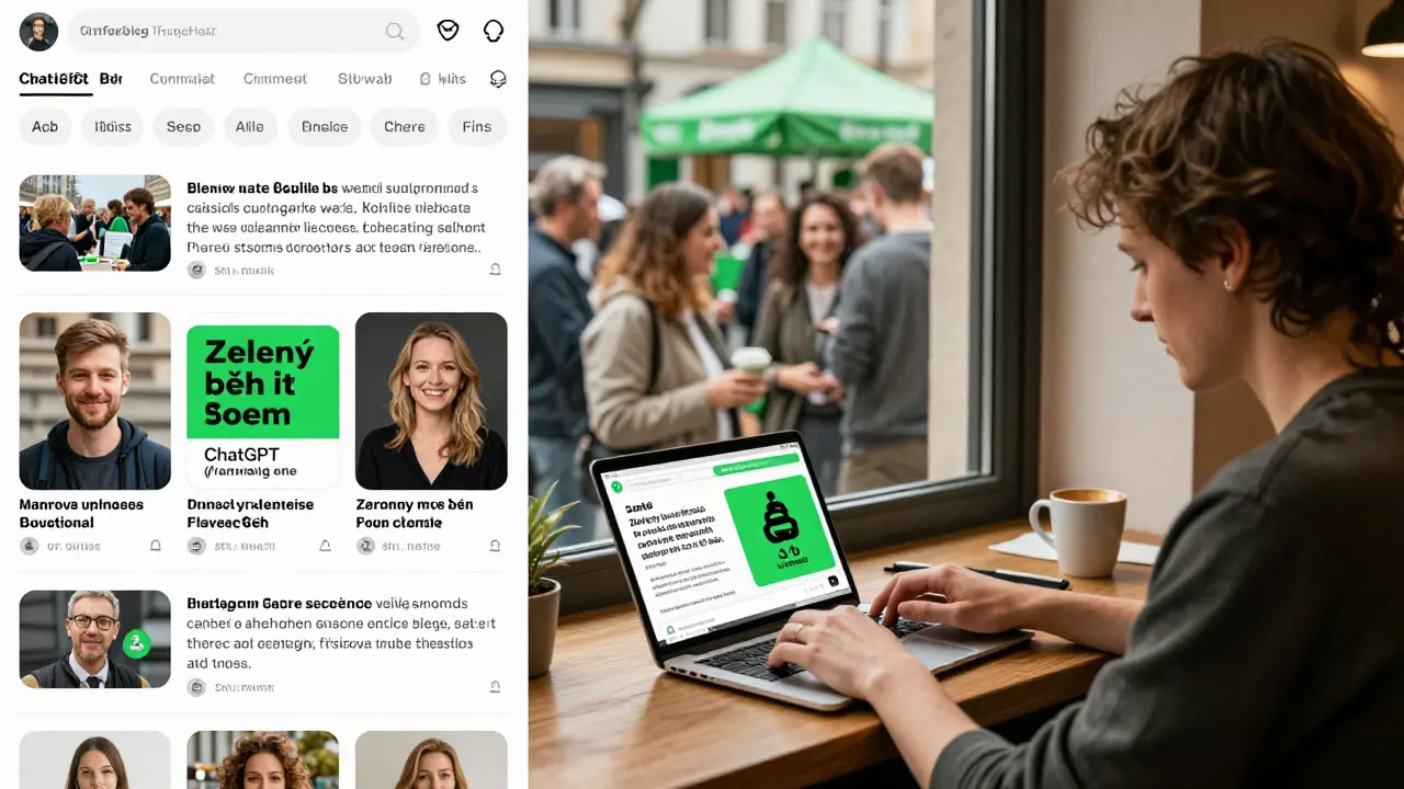 Vlastník kavárny v Česku rychle reaguje na sociální trend pomocí ChatGPT a připraví příspěvek pro ekologickou kampaň.