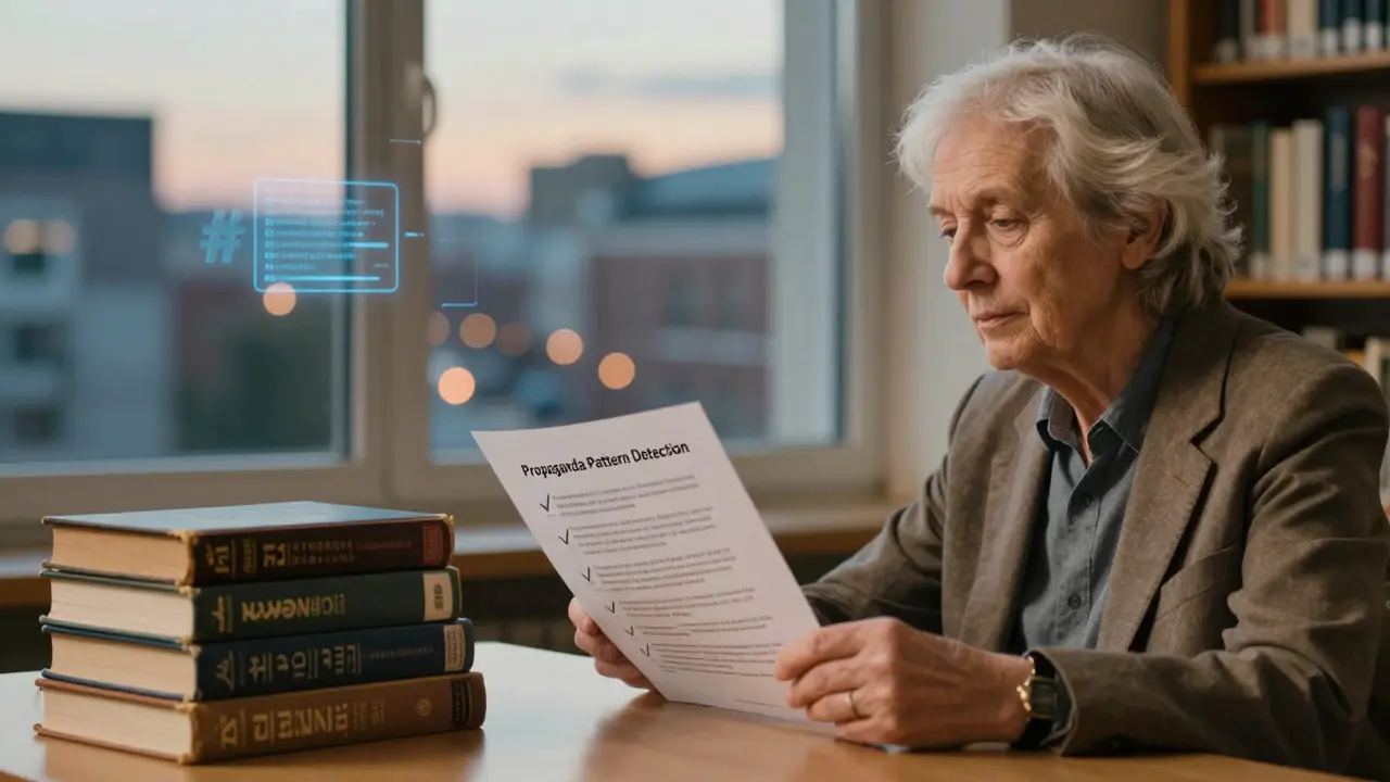 Česká učitelka v knihovně pozoruje tiskovou zprávu AI o propagandě, zatímco za ní v záři soumraku blikají digitální hashtagy.