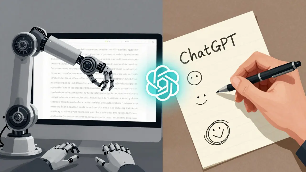 Contrasting scene: robotic typing vs. human handwriting, with ChatGPT icon bridging mechanical and personal content creation.