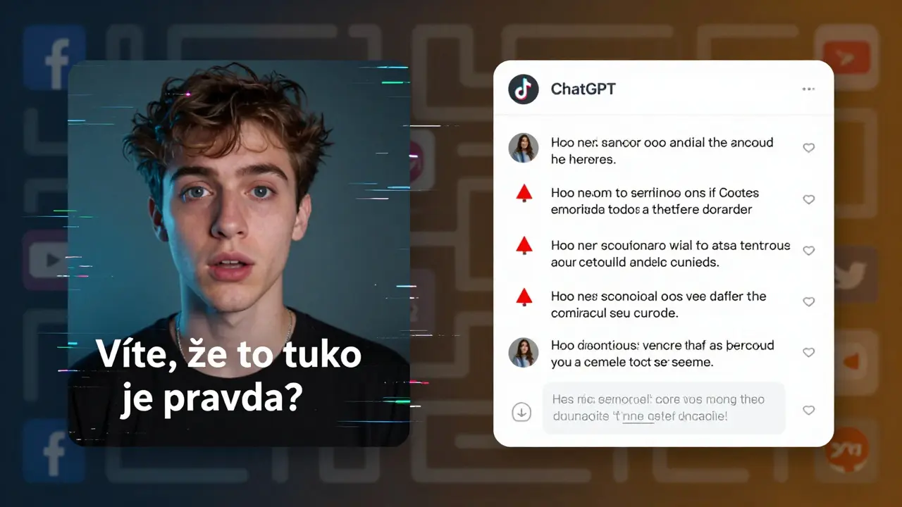 Dvoustranná digitální kompozice: manipulativní TikTok video na jedné straně a analýza AI s červenými varováními na druhé.