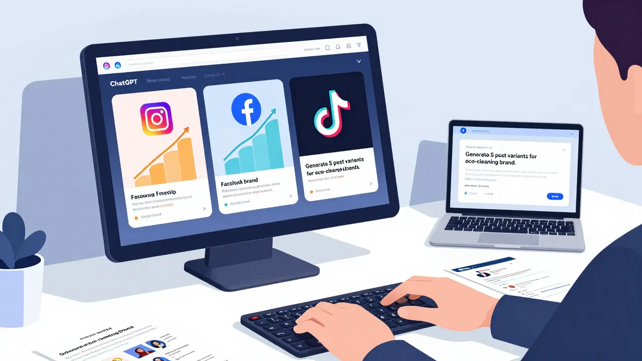 Home office with laptop showing ChatGPT and social media analytics, calm workspace.