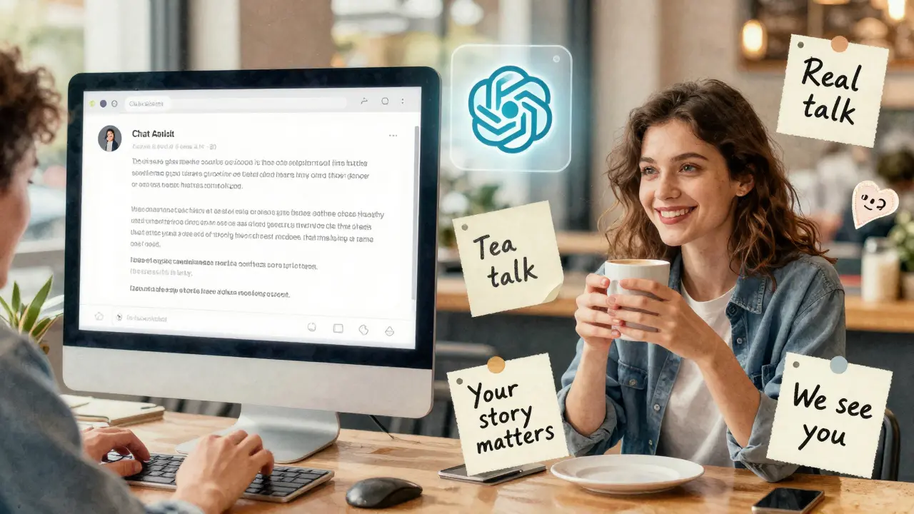 Split-screen: robotic post vs. person smiling with handwritten notes, AI glowing softly.