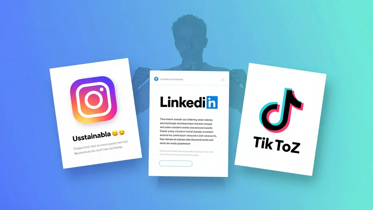 Three social media post designs floating in air, each tailored for different platforms: Instagram, LinkedIn, and TikTok.