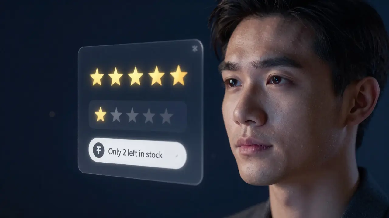 Člověk sleduje digitální prvky důvěry, jako jsou hvězdičky recenzí a omezená zásoba.