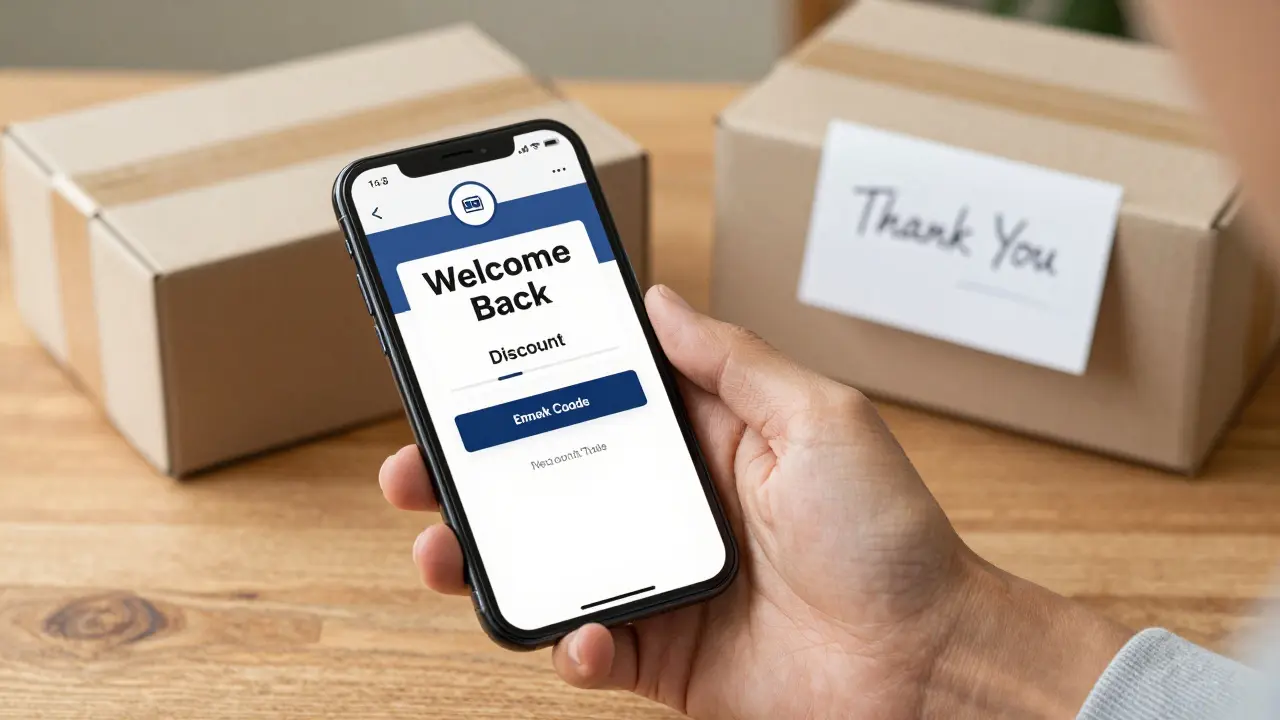 Detail smartphonu s personalizovaným e-mailem vedle rozbaleného balíčku zboží.