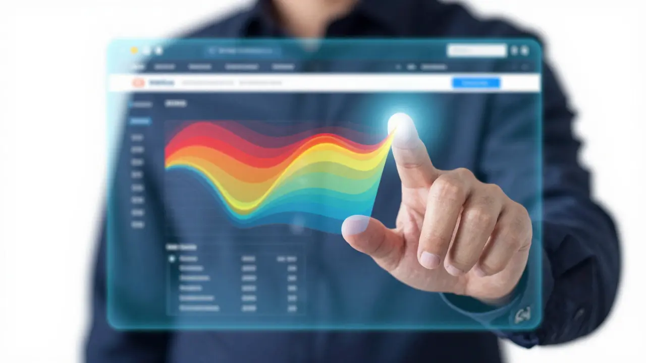 Holografická heatmapa webu znázorňující analýzu uživatelského chování.