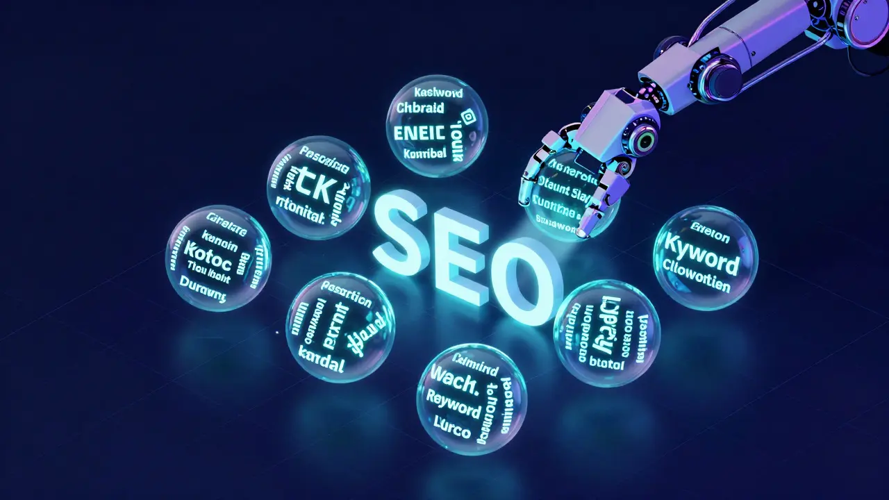 Izometrická ilustrace digitálního shlukování klíčových slov pomocí AI.