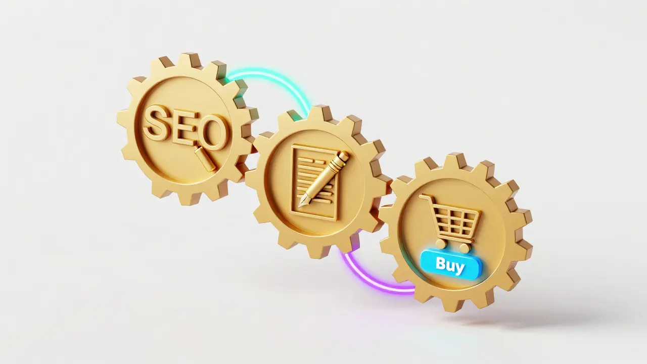 Izometrická ilustrace ozubených kol symbolizujících SEO, obsah a konverze.