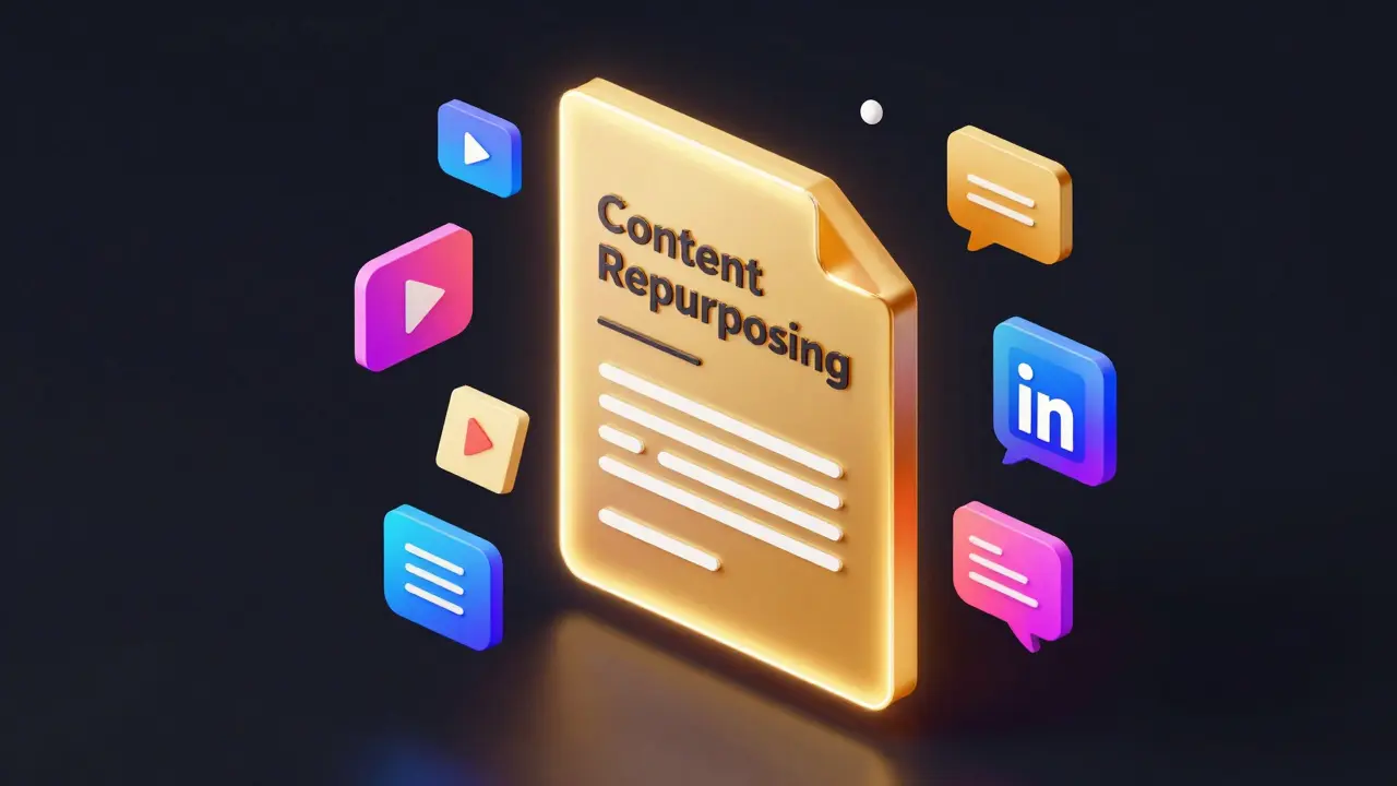 Izometrická ilustrace procesu recyklace jednoho článku do více formátů pro sociální sítě.