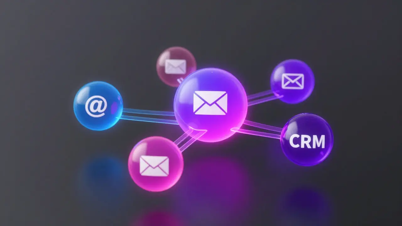 Konceptuální 3D ilustrace propojených digitálních marketingových nástrojů.