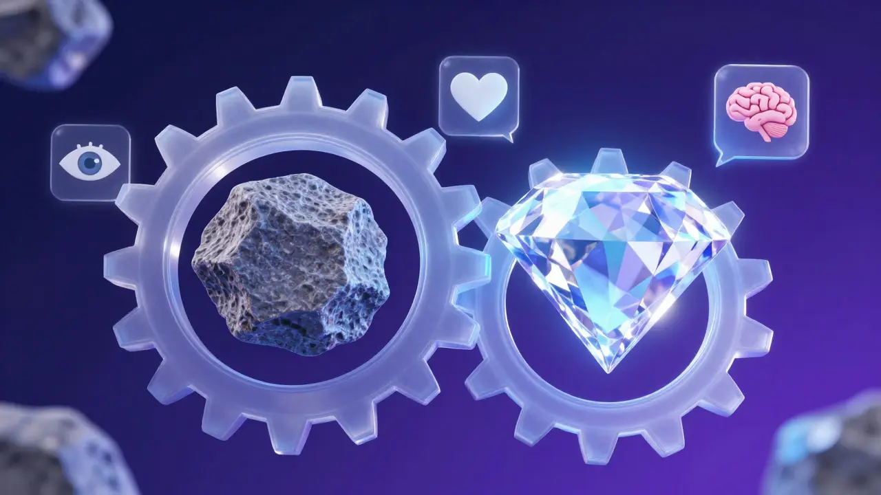 Konceptuální 3D obraz procesu ladění textu z hrubého nártosu do vylepšeného výsledku.