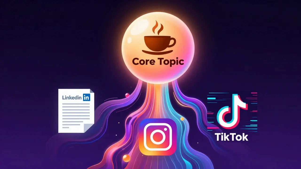 Konceptuální ilustrace kaskády obsahu, kde se jedno téma dělí do různých sociálních sítí.