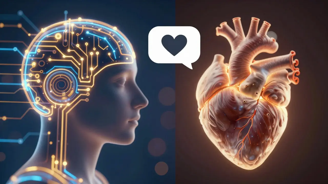 Konceptuální obraz spojení digitální inteligence a lidské empatie v komunikaci.