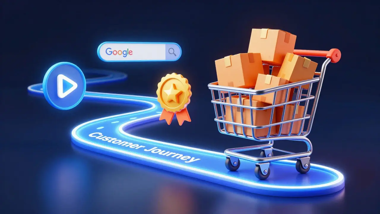 Konceptuální znázornění cesty zákazníka od sociálních sítí až k nákupu v košíku.