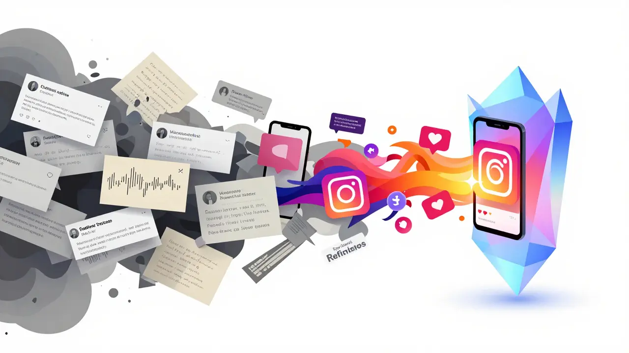 Kresba procesu transformace surových dat zákazníků do barevného obsahu na sociální sítě.