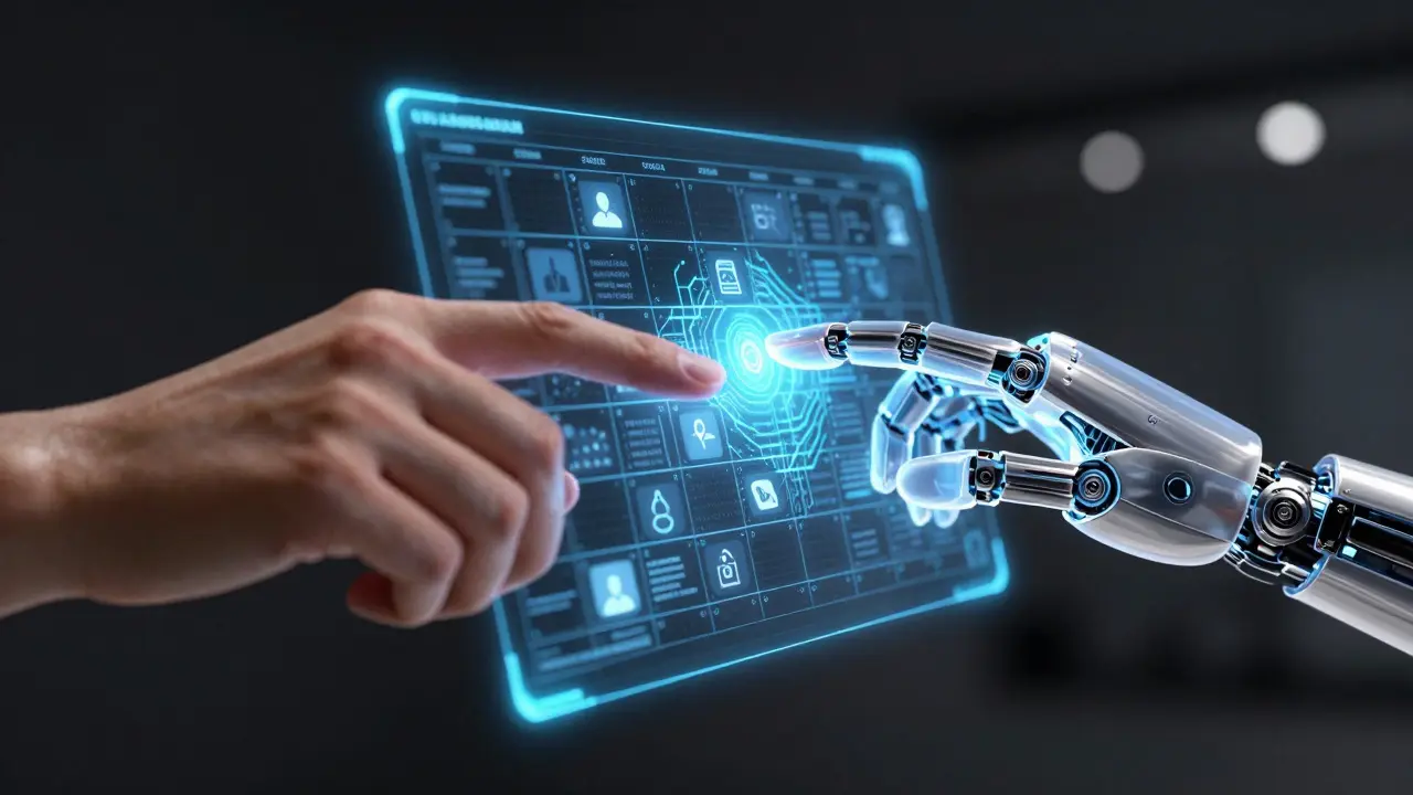 Lidská a robotická ruka společně ladí digitální mapu obsahového kalendáře.