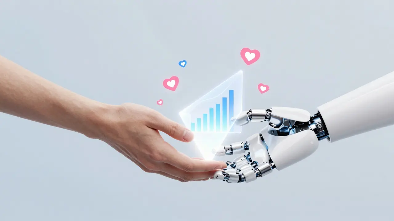 Symbolické spojení lidské ruky a robotické ruky držící data sociálních sítí.