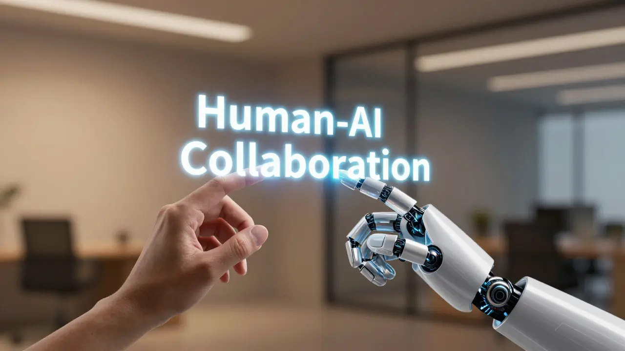 Symbolické spojení lidské ruky a robotické ruky při úpravě digitálního textu.