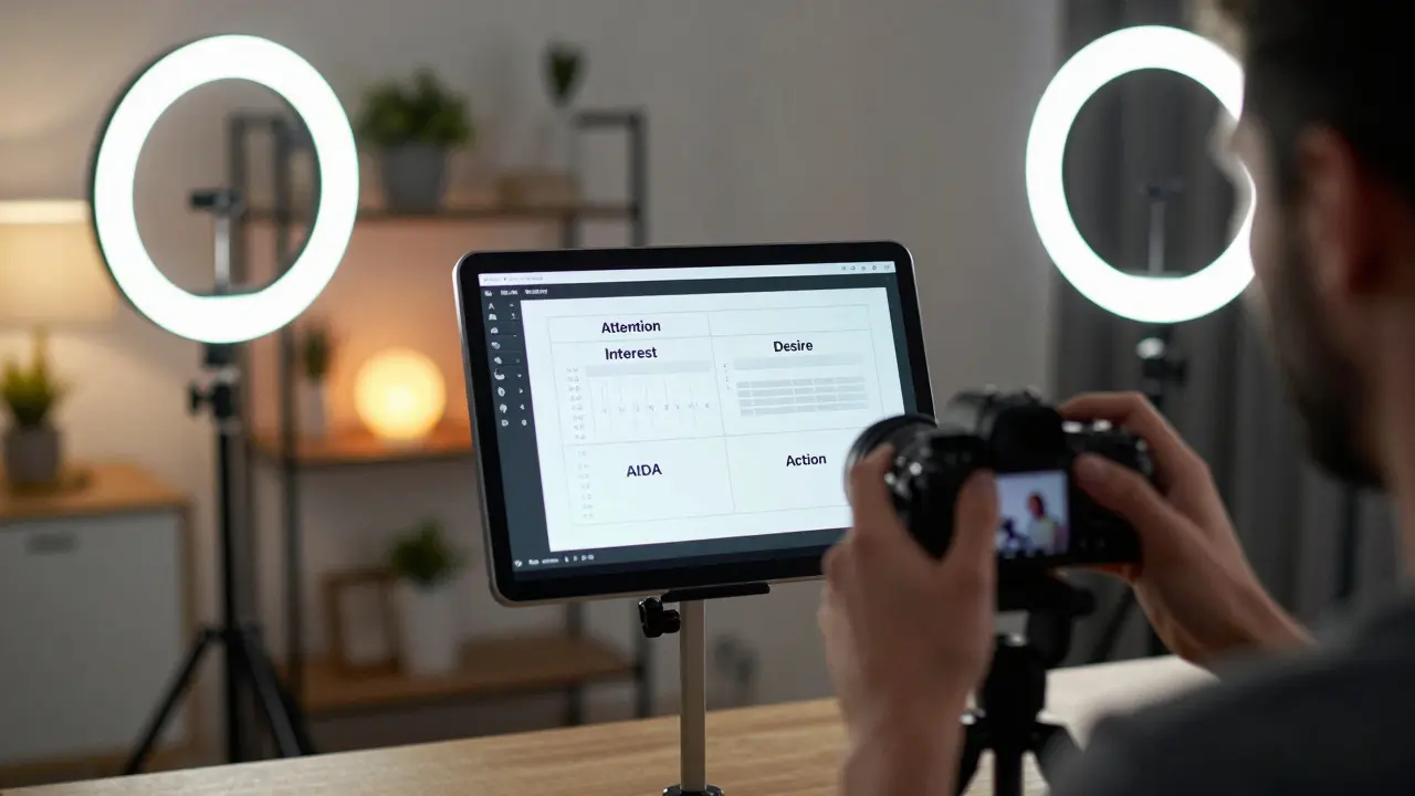 Zákulisí tvorby Reels s tabletem zobrazujícím strukturovaný scénář podle modelu AIDA.