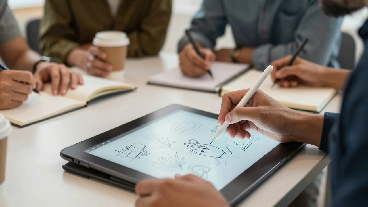 Tým kreativců kombinuje lidskou inspiraci s AI nástroji na digitálním tabletu