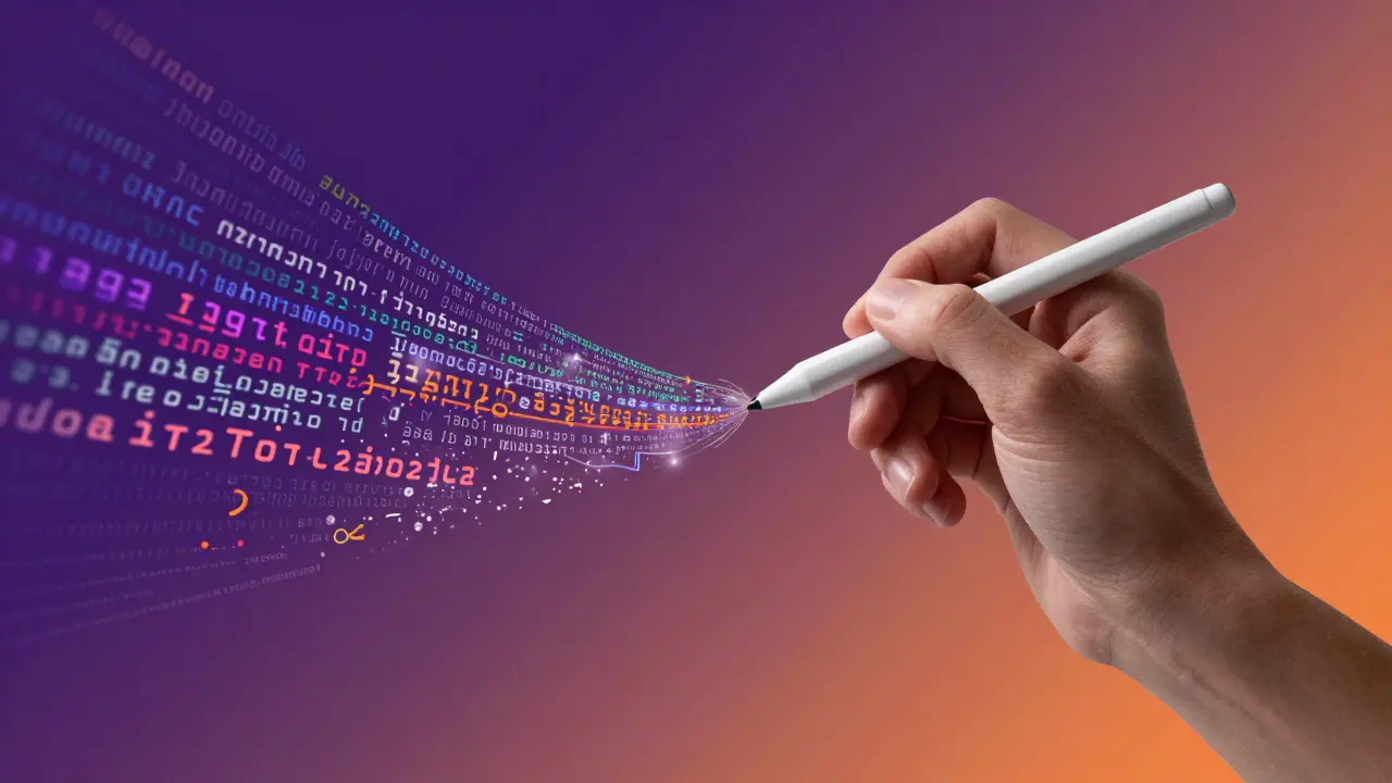Lidská ruka upravující proud digitálního textu v surrealistickém stylu