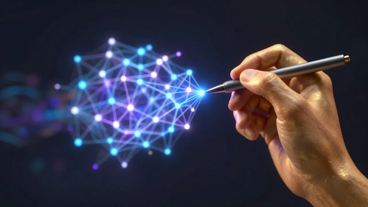 Abstract visualization of human hand connecting with glowing AI neural network