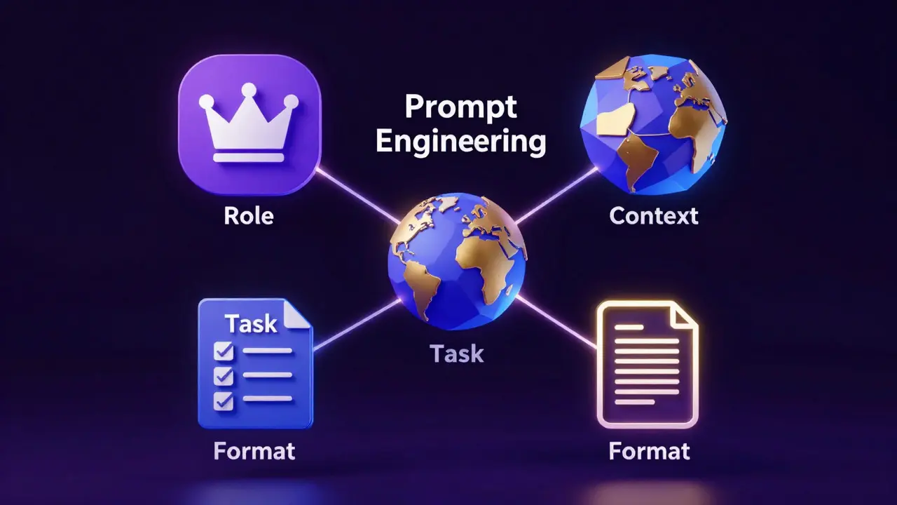 Abstraktní vizualizace čtyř prvků prompt engineeringu