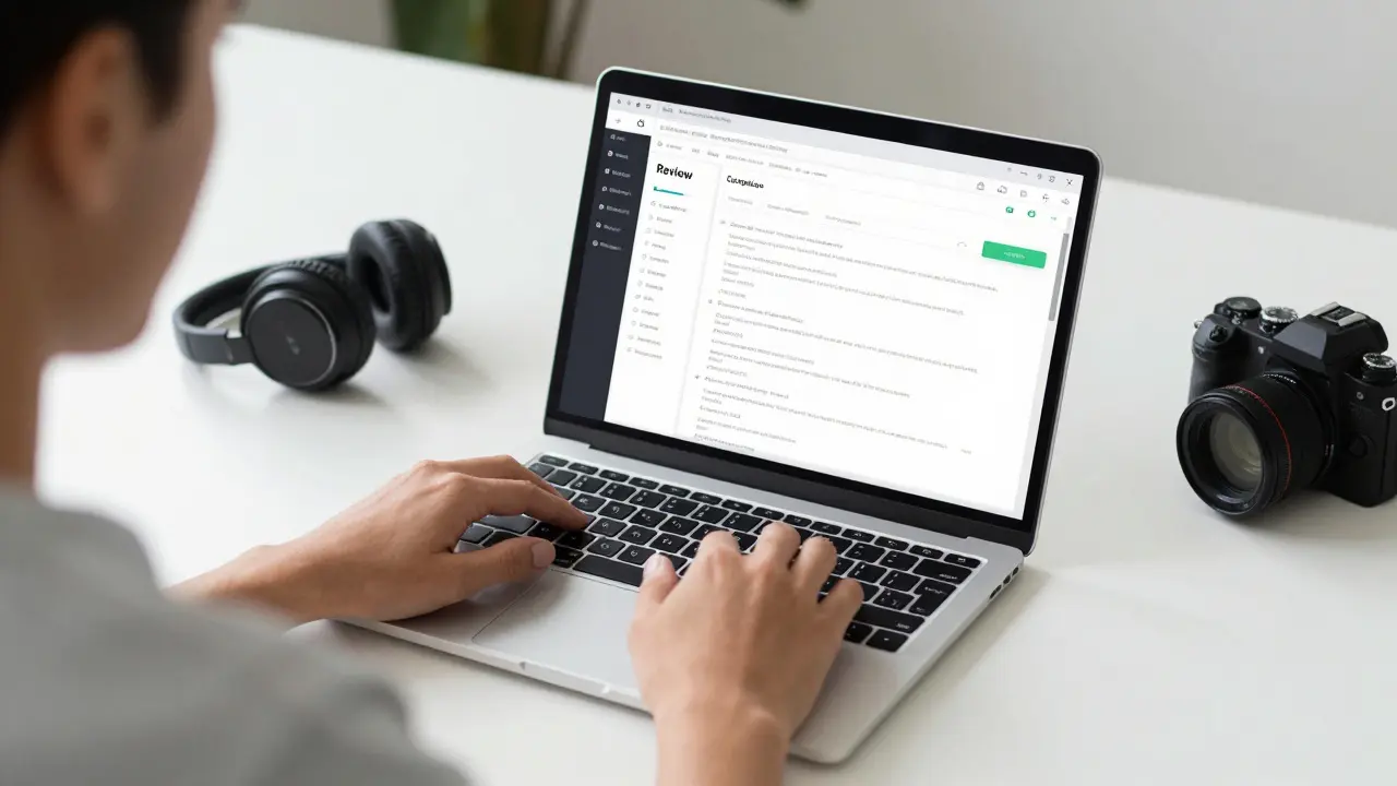Člověk píše recenzi produktu na notebooku s reálnými vzorky vedle