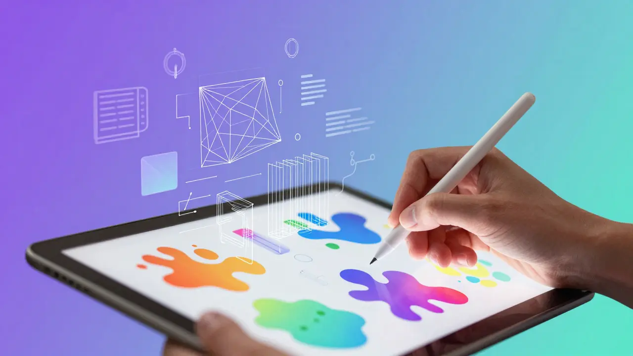 Human hand refining AI generated content on digital tablet