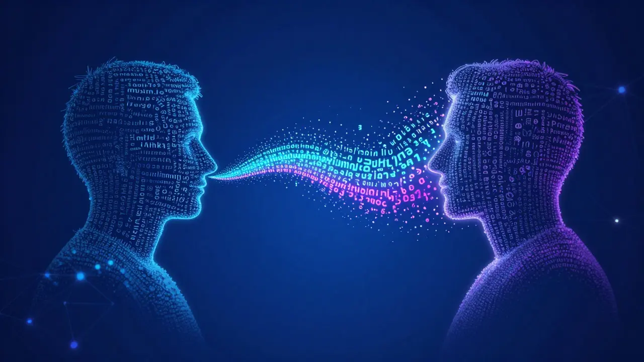 Abstraktní ilustrace plynulého překladu mezi jazyky pomocí umělé inteligence