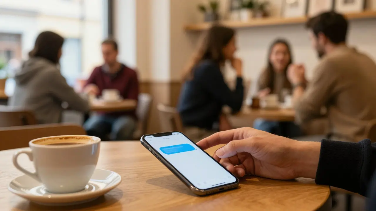 Chytrý telefon v kavárně vedle kávy, znázorňující personalizovanou komunikaci