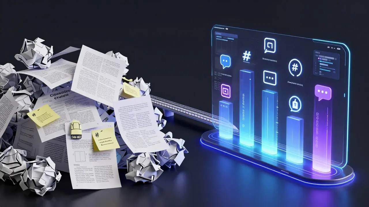 Konceptuální porovnání chaotického tradičního psaní a uspořádaného AI workflow