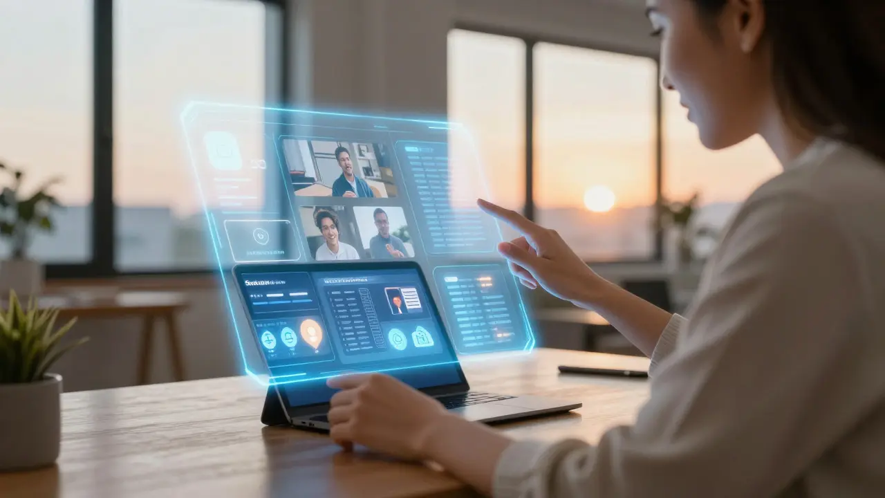 Person interacting with holographic social media dashboard in futuristic office