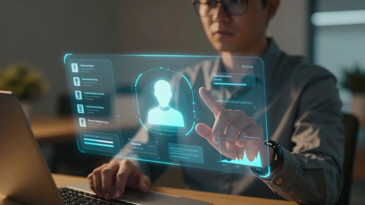Profesionál pracující s holografickým rozhraním umělé inteligence pro personalizaci obsahu.