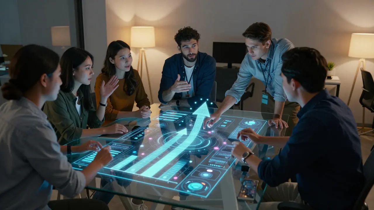 Tým specialistů na sociální média diskutuje strategii u osvětleného stolu s hologramy