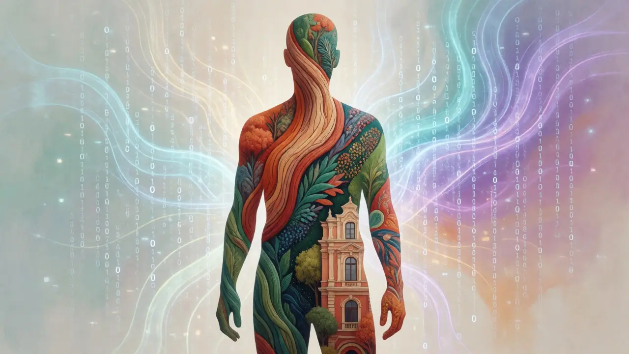 Konceptuální ilustrace lidské autenticity obklopené digitálními datovými proudy
