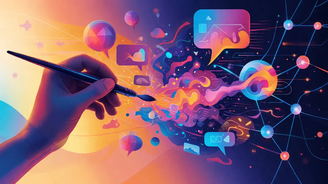 Konceptuální ilustrace spojení lidské kreativity a umělé inteligence