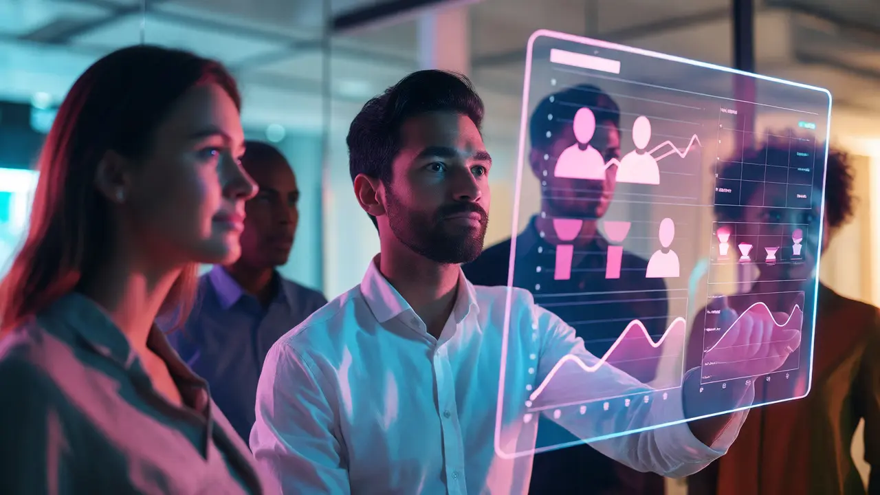 Tým analyzující datová měření a KPI na futuristickém holografickém panelu