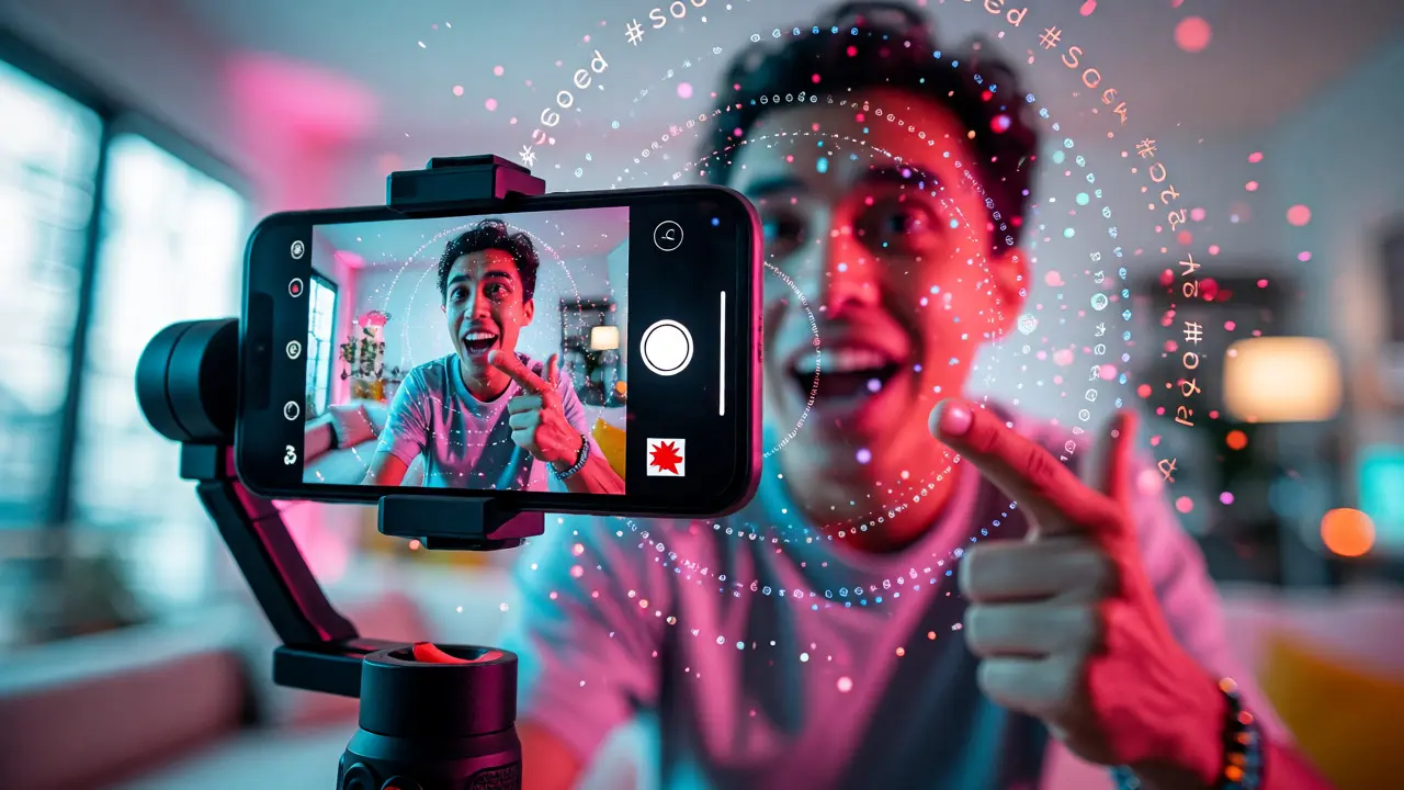 Energický tvůrce natáčí video na smartphonu obklopený vizualizací trendů a hashtagů.