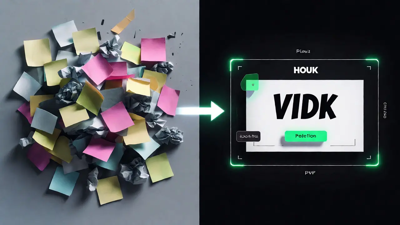 Konceptuální znázornění přeměny chaotických nápadů na strukturovaný skript videa pomocí AI.