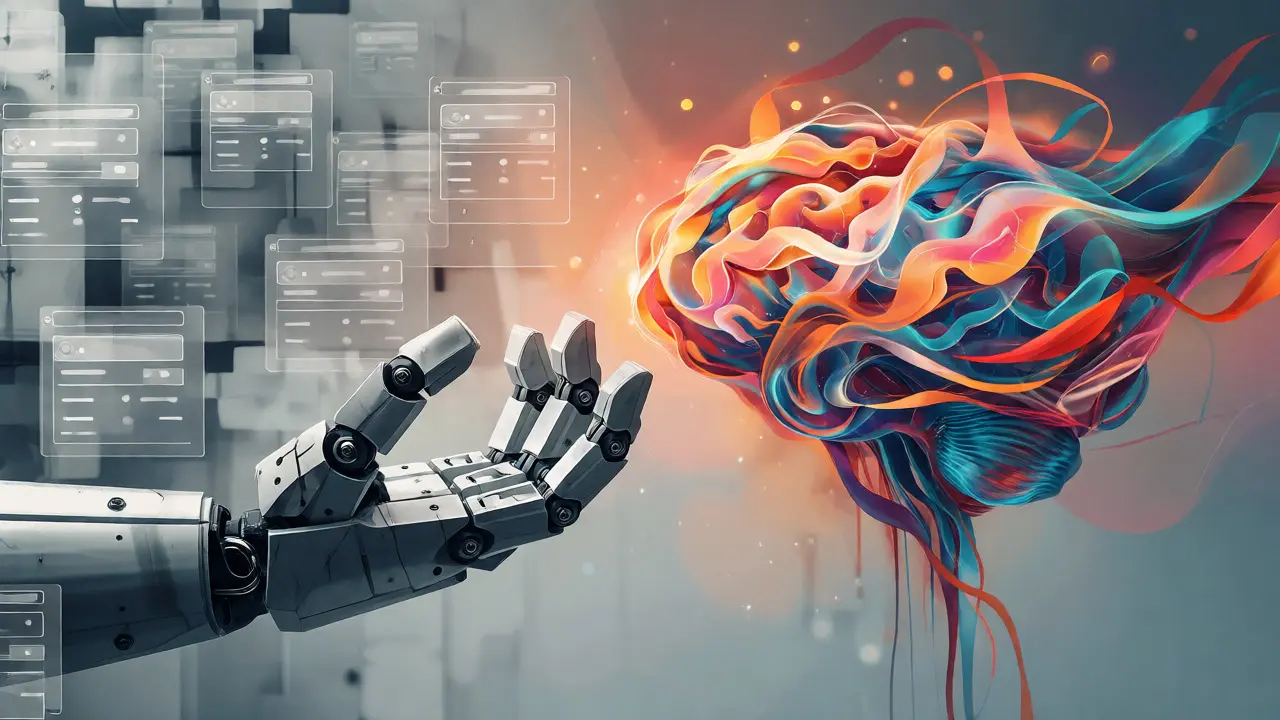 Robotická ruka se mění v barevné světelné stuhy tvořící mozek, ilustrace přechodu k sémantice
