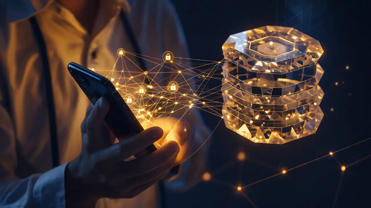 Zlatá síť propojující chytrý telefon s databází jako symbol vlastních dat